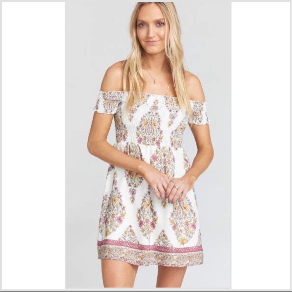 Show Me Your Mumu NWT Flower Shower Dolly Smocked Off Shoulder Mini Dress